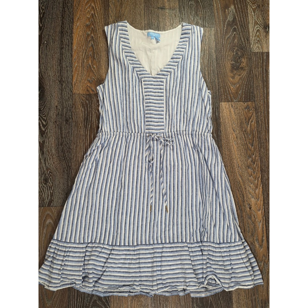 Draper James RSVP Blue White Striped Linen Blend Sleeveless Ruffle Dress Large